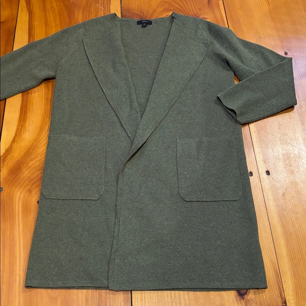 J CREW S Green Merino Wool Collarless Long Fit Sweater Blazer Layer